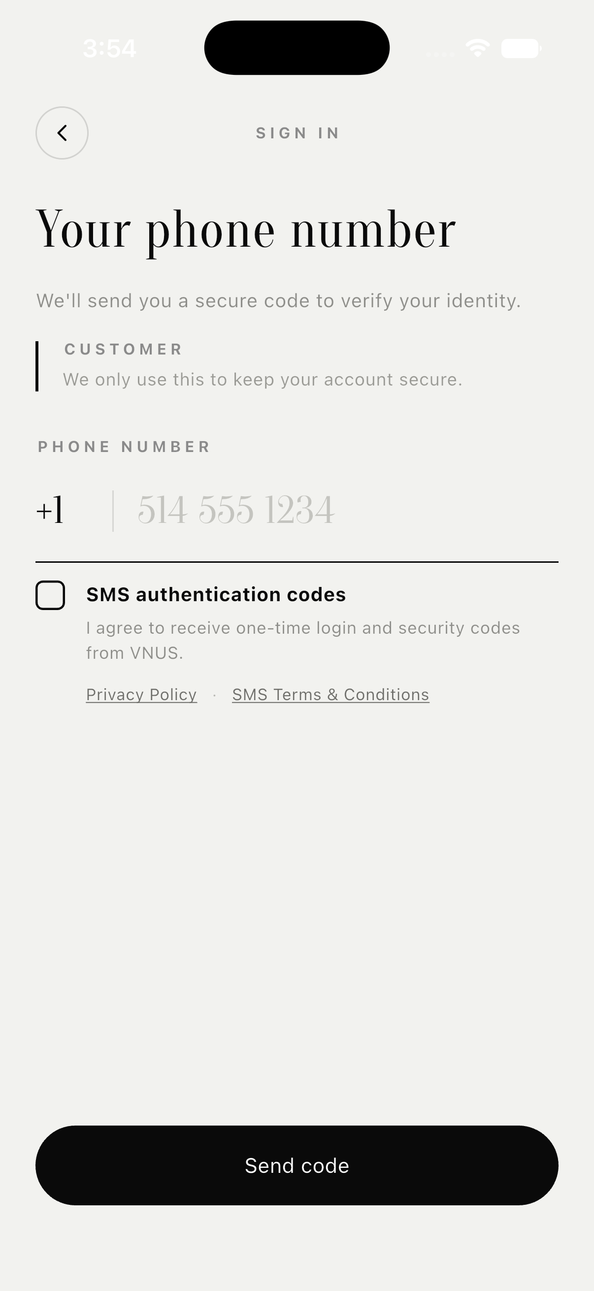 VNUS phone sign-in screen showing the SMS authentication codes checkbox unchecked by default