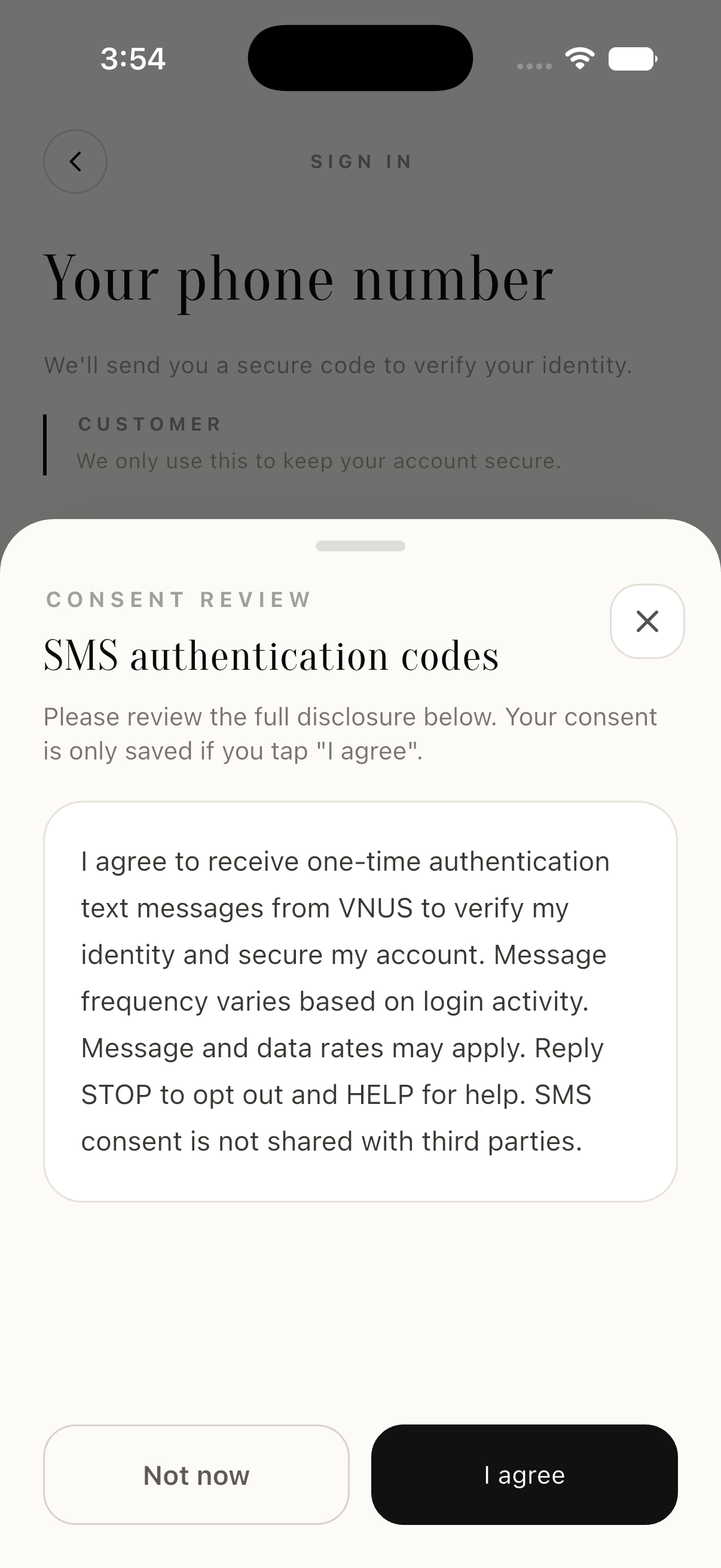 VNUS consent review showing purpose, frequency, message and data rates, STOP, HELP, privacy statement, Not now and I agree actions