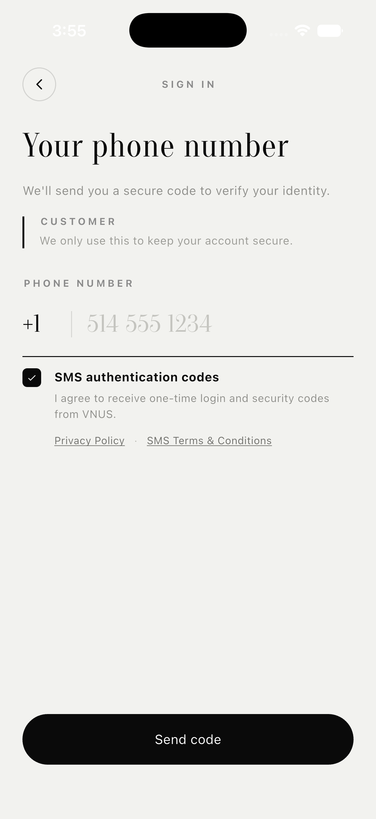 VNUS phone sign-in screen showing SMS consent selected after the user taps I agree